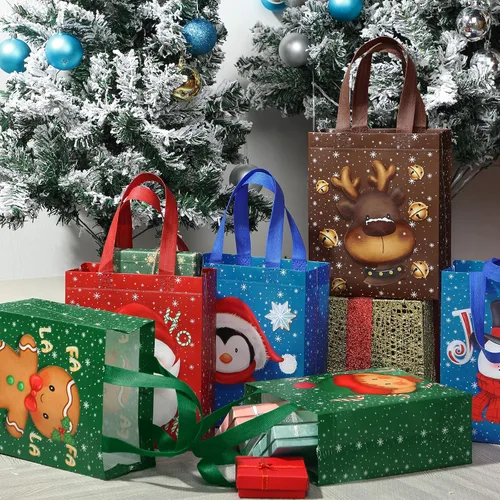 Vista 7 de Clysee 6 bolsas de regalo de Navidad con asas, tela no tejida, bolsas reutilizables para fiestas de Navidad, 6 estilos de 10.2 x 8.3 pulgadas
