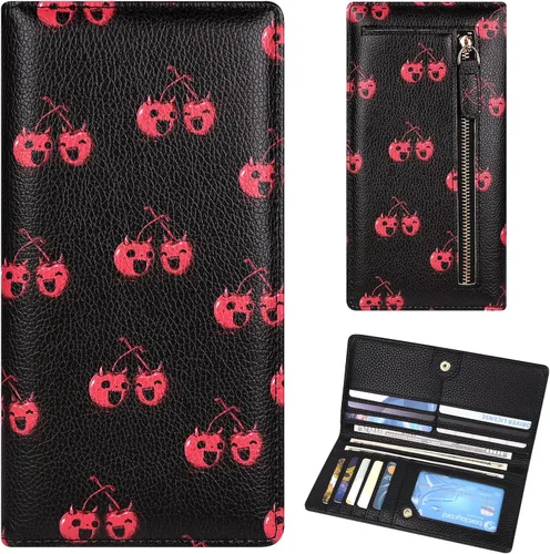 Vista 25 de Billetera para mujer, billetera RFID extradelgada, bolso plegable de cuero, con 11 ranuras para tarjetas y ventana de identificación, lindo monedero