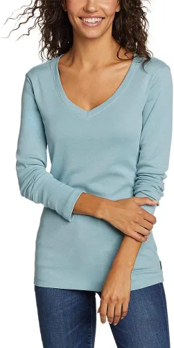 Vista 15 de Eddie Bauer Camiseta de manga larga con cuello en V para mujer Med Htr Gray