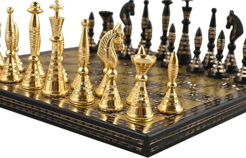 Vista 4 de Juego de piezas de ajedrez y tablero de lujo Warli de metal de latón macizo, 12 pulgadas, negro y dorado