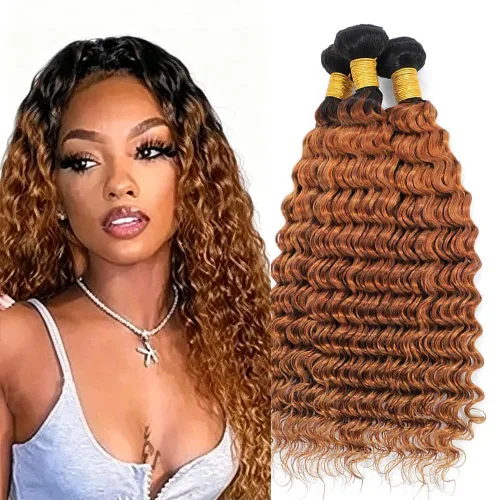 Vista 119 de P4613 Cabello humano rizado onda profunda marrón y paquetes mixtos 8 10 12 P4613 Ombre Marrón-Rubio-DP