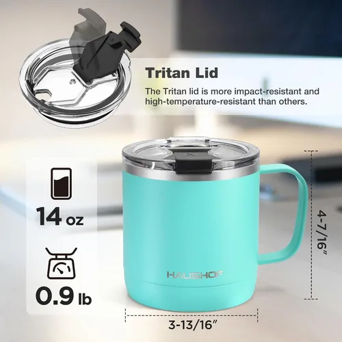 Vista 2 de HAUSHOF Taza de café de 14 onzas, taza de café aislada con asa, taza de viaje para camping, taza de café portátil de acero inoxidable, tazas de café