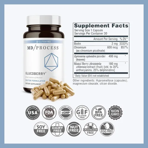 Vista 2 de GlucoBerry Maqui Berry Extracto con picolinato de cromo para apoyo a la salud sanguínea - con biotina y Gymnema Sylvestre - Formulado por médicos