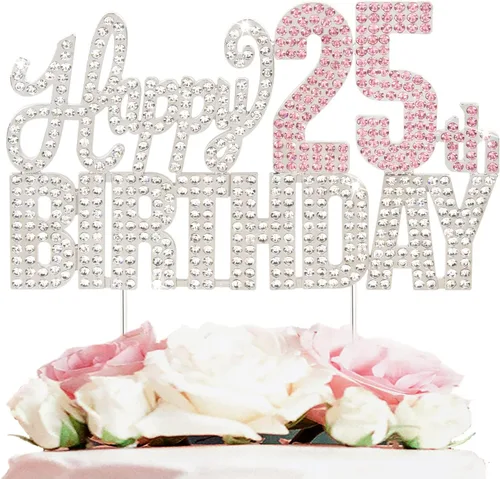 Vista 10 de Decoración de pastel de diamantes de imitación rosa y plateado con texto en inglés "Cheers to 11 Years Old Eleven Bday" de metal brillante