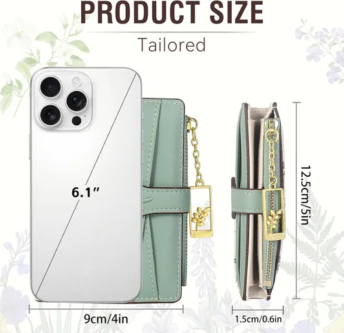 Vista 5 de Carteras para mujer - Bloqueo RFID - Pequeña billetera con flores, cuero PU suave, plegable, bolsillo con cremallera para monedas, tarjetero
