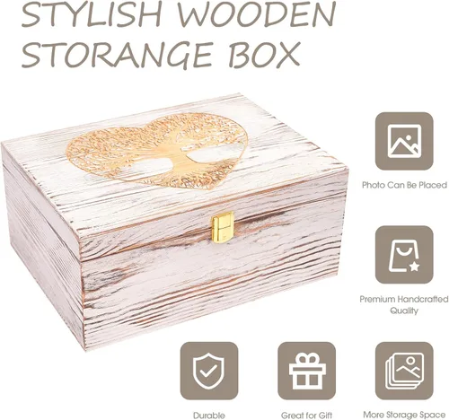Vista 3 de Tree of Life - Cajas de recuerdo de madera más grandes con tapas con bisagras y un marco de fotos dentro de la tapa, caja de almacenamiento