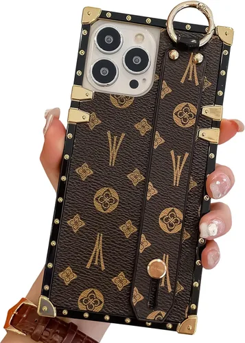 Vista 7 de Funda rectangular de cuero compatible con 11 con correa para pulsera, funda de diseño de lujo para mujeres y niñas, funda protectora con soporte