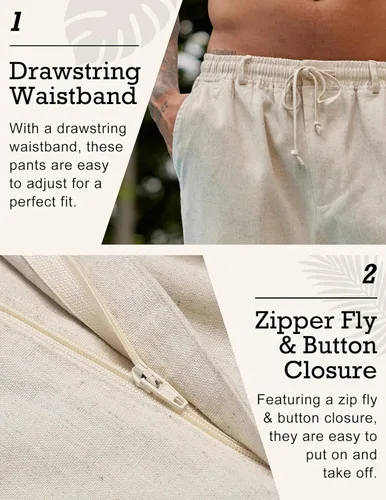 Vista 4 de COOFANDY Pantalones casuales de lino para hombre, cintura elástica, con cordón, pantalones de verano para playa y verano, pantalones de lino ligeros