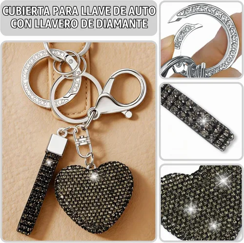 Vista 3 de Funda para llavero con llavero de corazón de diamante compatible con Chevy 2021-2024, Negro, 5 Botones