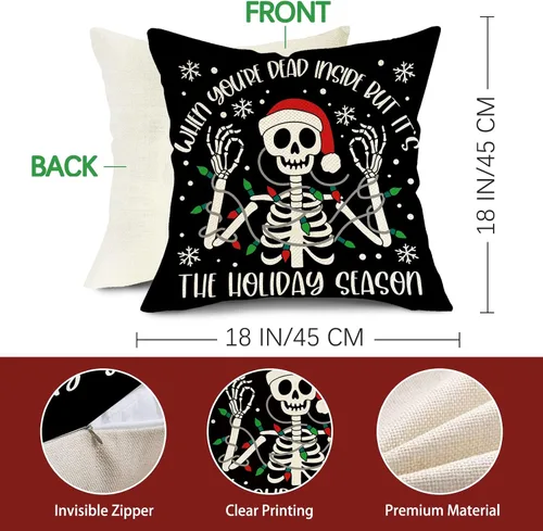 Vista 3 de Juego de 4 fundas de almohada decorativas de esqueleto gótico de Navidad de 18 x 18 pulgadas, diseño de calavera de Navidad, decoración del hogar al
