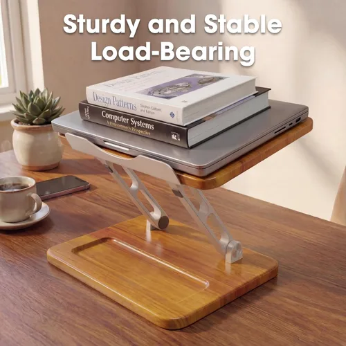 Vista 4 de Soporte ergonómico de madera para portátil con ranura para bolígrafo, altura y ángulo ajustables, refrigeración hueca, plegable para uso