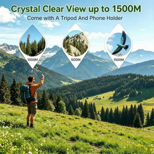 Vista 4 de Telescopio monocular alto de 12 x 50, regalo de cumpleaños para hombres, monocular compacto impermeable con adaptador de teléfono y trípode Negro