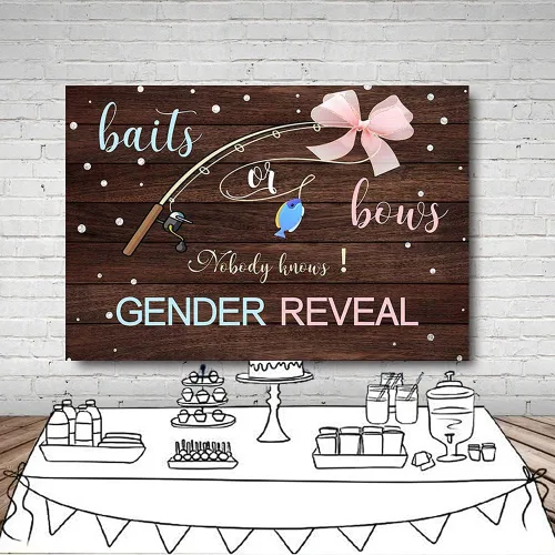 Vista 6 de MEHOFOND Fondo de fotos de 7 x 5 pies con texto en inglés "Nobody Knows Gender Reveal", tablero de madera rústica, mesa para tartas, decoración