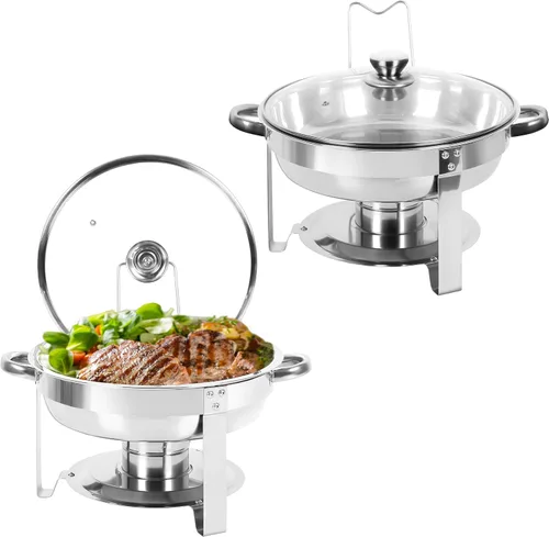 Vista 22 de IMACONE Juego de Bandejas Calentadoras de Buffet 4 Piezas, 5QT Redondas de Acero Inoxidable con Tapa de Vidrio para Catering, Conjuntos