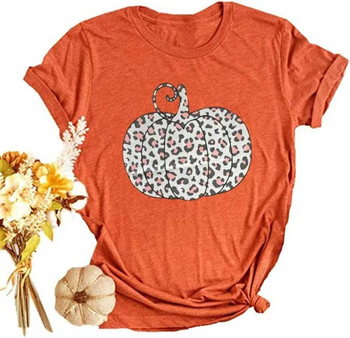 Vista 36 de Woffccrd - Camisetas divertidas con estampado de calabaza y leopardo para mujer, camisetas gráficas de manga corta de Halloween para mujer