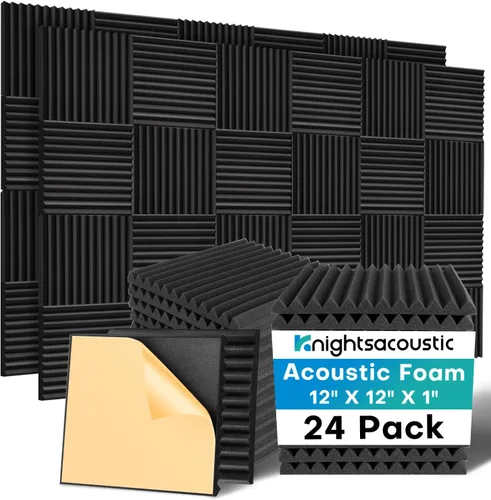Vista 23 de Knightsacoustic Paquete de 24 paneles acústicos de espuma a prueba de sonido con autoadhesivos para pared, 12 x 12 x 2 pulgadas, de alta densidad