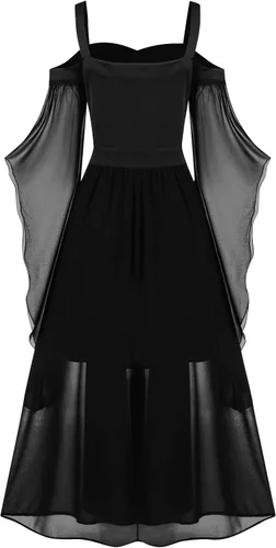 Vista 3 de Vestido gótico renacentista para mujer, vestido de encaje con hombros descubiertos, manga trompeta, disfraz de Halloween, vestido medieval steampunk