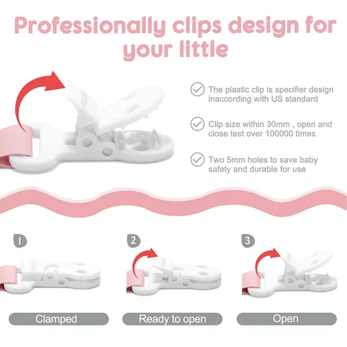Vista 4 de TYRY.HU Clip para chupete para niñas bebés, paquete de 2 clips neutros para sujetar chupetes para niños, correas suaves, clips de peluche para todos