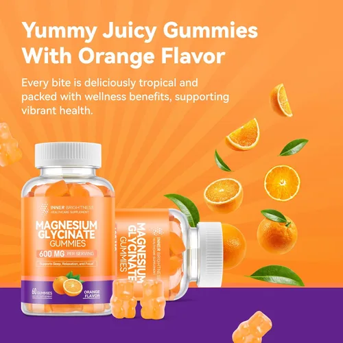 Vista 6 de Gomitas de glicinato de magnesio 600mg, sin OMG, sin gluten, gomitas de magnesio para adultos y niños, sueño, relajación y enfoque, sabor a naranja