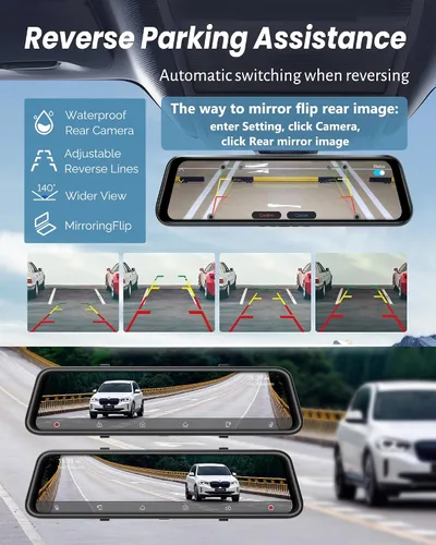 Vista 6 de Cámara de espejo retrovisor de 12'' con CarPlay y Android Auto, cámara de tablero de 4K, cámara frontal y trasera con asistencia de marcha