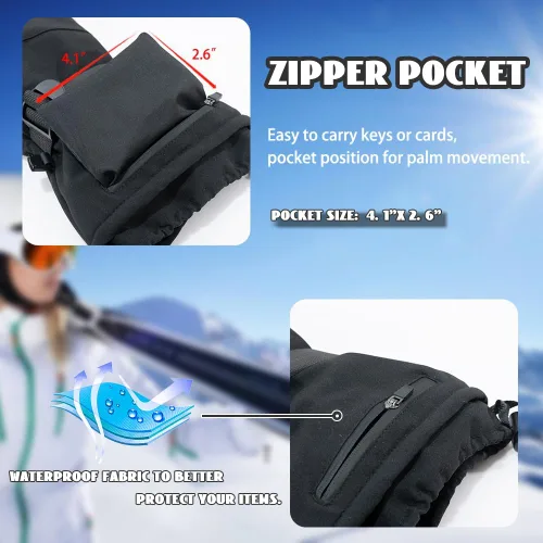 Vista 4 de Ixsun Guantes de esquí para hombres y mujeres, bolsillo con cremallera, suaves, cálidos, impermeables, resistentes al viento, adecuados para esquís