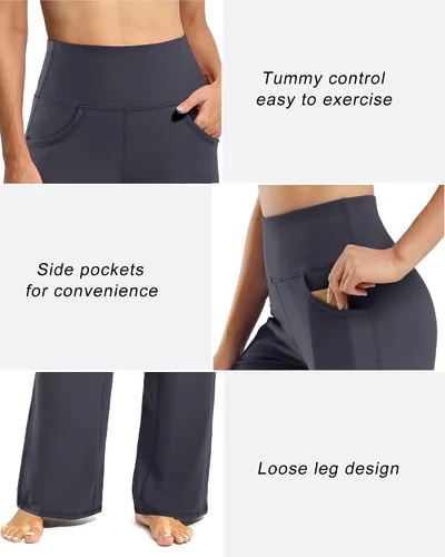 Vista 3 de Promover Pantalones deportivos de yoga de pierna ancha para mujer, con bolsillos, elásticos, holgados, informales, para descansar, tallas petite