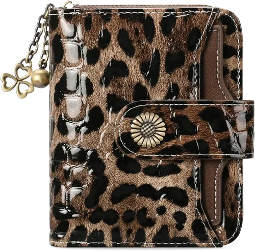 Vista 8 de Cartera de piel con bloqueo RFID para mujer con bolsillo con cremallera, pequeña cartera compacta con sección de efectivo, 8 tarjeteros de crédito