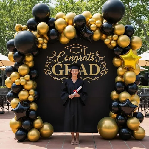 Vista 3 de RUBFAC Globos negros y dorados, decoraciones de graduación 2026, 130 piezas de globos de confeti de metal negro dorado y metálico, kit de arco