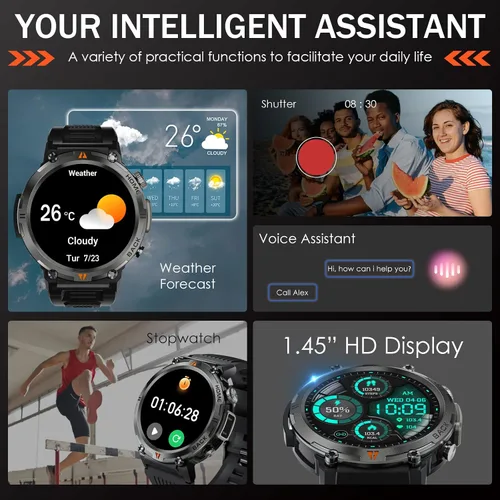 Vista 8 de Reloj inteligente militar para hombres con linterna LED 1.45 "HD 3ATM impermeable Rugged Smart Watch with 100+ Sports Modes Fitness Tracker with