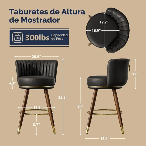 Vista 2 de SeekFancy - Juego de 2 taburetes de bar giratorios de cuero negro de 24 pulgadas Upholstered pleated backs, wood legs, gold footrests, 300lbs