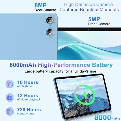 Vista 4 de 2025 Tablet Android 14 de 10 pulgadas con 22 GB RAM 128 GB ROM 1 TB de expansión, tablets con teclado ratón, Octa-Core, batería de 8000 mAh