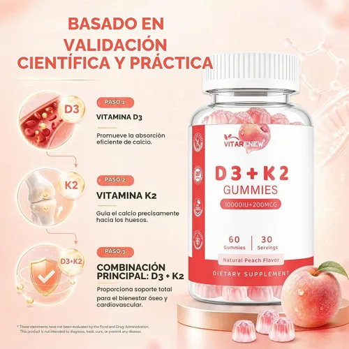 Vista 5 de Gomitas de vitamina D3 K2, 60 unidades, paquete de 2, sabor a melocotón