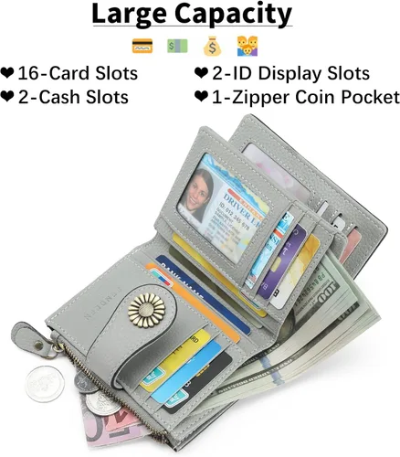 Vista 2 de SENDEFN Cartera pequeña de cuero plegable para mujer, con bloqueo RFID y bolsillo para monedas con cremallera, 3-Natural-Gris-2, Compacto