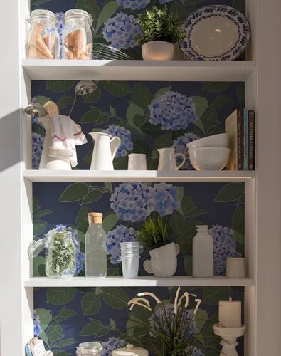 Vista 3 de Papel tapiz floral despegar y pegar autoadhesivo de hortensias, papel de pared estilo campo francés color crema, papel tapiz adhesivo