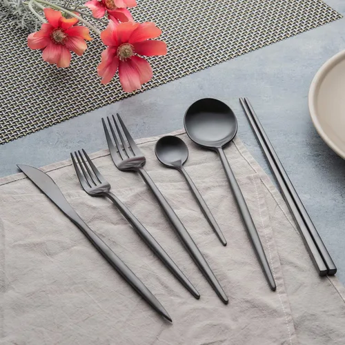 Vista 9 de KiiZYs Juego de cubiertos negro mate – Juego de cubiertos modernos de 14 piezas de acero inoxidable – Palillos de metal para cocina, tenedor