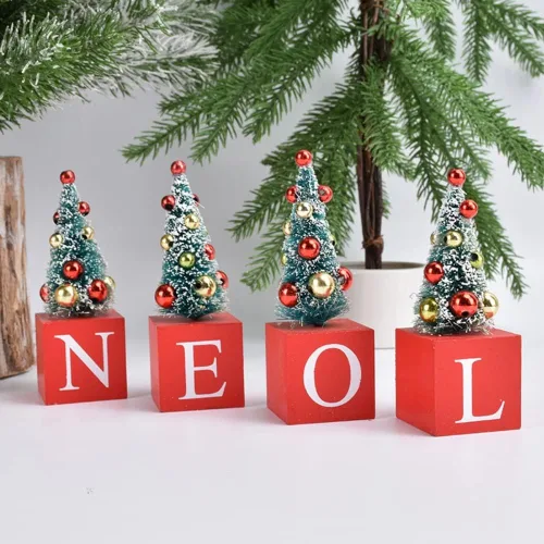 Vista 4 de Ochine 4 mini árboles de Navidad artificiales, árbol de mesa de Navidad, mini árboles de sisal de pino con base de madera de nieve, adornos