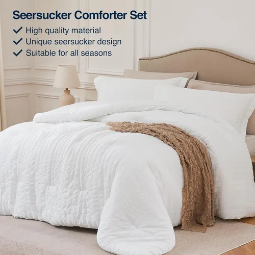 Vista 4 de Quataly - Juego de edredón Seersucker tamaño Twin/Twin XL en color blanco; juego de cama de 2 piezas que incluye 1 edredón suave y esponjoso y 1