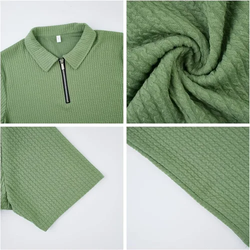 Vista 6 de Camisas polo casuales a rayas para hombre Moda atlética elástica cuello con cremallera manga corta ajustada