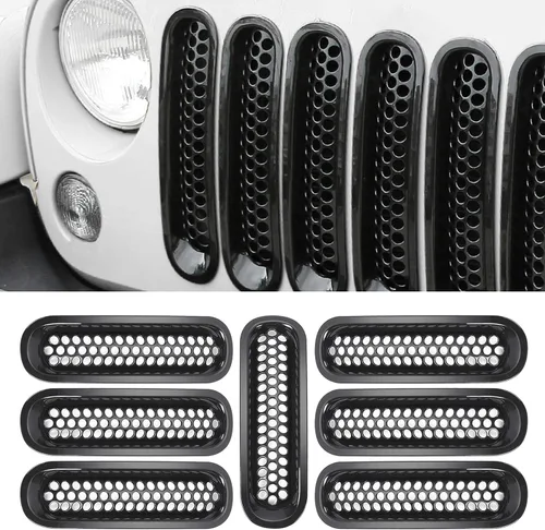 Vista 7 de RT-TCZ Versión de mejora Clip-on Rejilla frontal de malla Insertos compatibles con Jeep Wrangler JK JKU 2007-2015 (Negro mate)