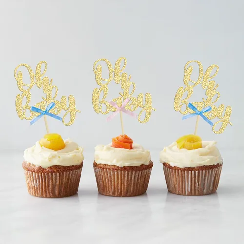 Vista 8 de Gyufise 36 piezas Adornos para cupcakes Oh Baby con moño azul y rosa, brillante dorado, adornos para cupcakes de baby shower, adornos para cupcakes