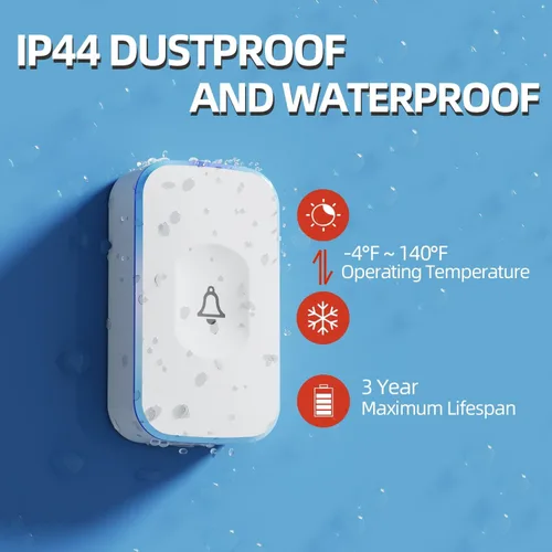 Vista 5 de Timbre inalámbrico de 1200 pies impermeable para el hogar con 36 melodías, 4 niveles de volumen, luz LED flash (1 receptor y 1 botón táctil blanco)