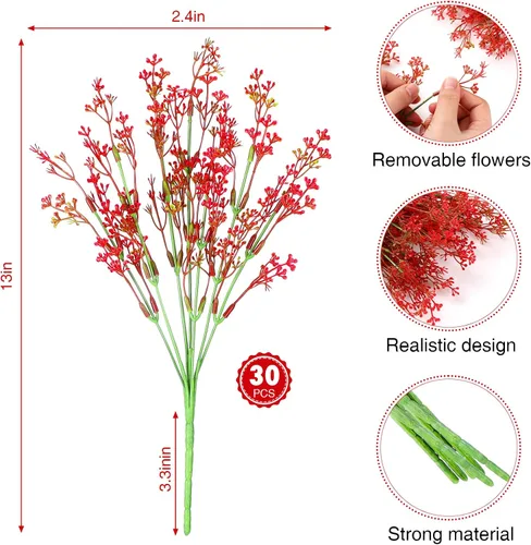 Vista 2 de 30 paquetes de flores artificiales de Navidad con aliento de bebé Rojo