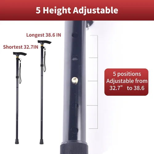 Vista 4 de Bastón plegable para hombres, mujeres y ancianos, altura ajustable de 5 niveles, bastón de viaje, bastón plegable y ligero, antideslizante, portátil