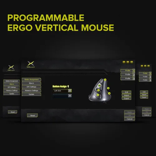 Vista 5 de DeLUX Mouse vertical con cable, mouse ergonómico para computadora con 6 botones programables, 4200 DPI, reposamanos extraíble y para túnel carpiano