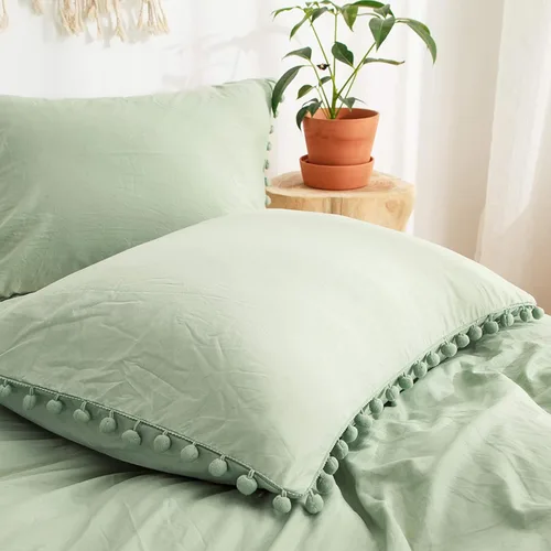 Vista 27 de Juego de 2 fundas de almohada con pompones color verde aguacate, tamaño Queen estándar, 100% microfibra lavada, funda de almohada con flecos de bola