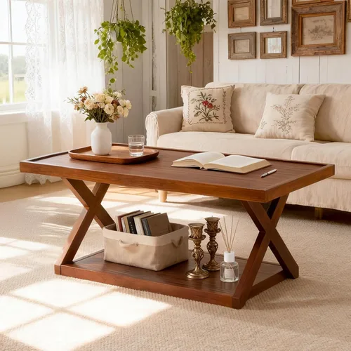 Vista 7 de BECHAEO Mesa auxiliar de roble macizo para sala de estar, mesa auxiliar de madera de 2 niveles con estante de almacenamiento, mesa central moderna