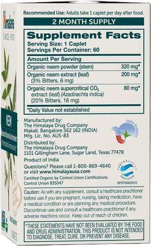 Vista 3 de Himalaya Suplemento de hierbas orgánicas de neem, para acné suave y piel clara, purificante, ayurvédico, certificado orgánico por USDA, sin OMG