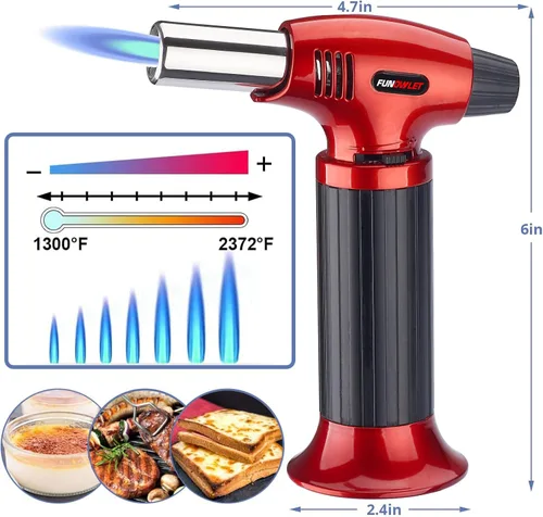 Vista 5 de FunOwlet - Encendedor de butano, 2 unidades, recargables, sopletes de cocina culinarios con bloqueo de seguridad y llama ajustable para postres