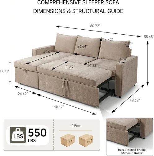 Vista 2 de HIPIHOM 81" Sofa Bed – Sleeper Couch with Storage, Mocha