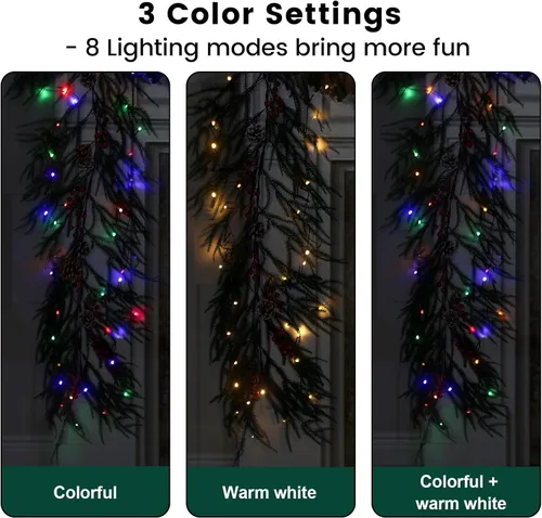 Vista 4 de Guirnalda de Navidad de 6 pies de pino de Norfolk preiluminada con bayas rojas y bolas de cedro, luces LED y control remoto – Guirnalda iluminada a
